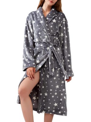 Women's Fleece Bath Robe Full Length Plush Soft Bathrobe Warm Lounge Sleepwear Robe with Pockets Gift for Mom Wife Dad Friend