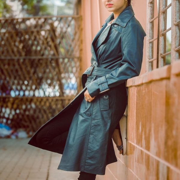 Double Breasted Premium Leather Trench Coat for Women - Classic Lapel Car Coat Style Long Leather Jacket Women with Belt