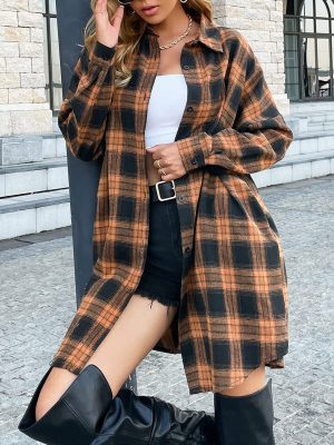 Womens Button Down Flannel Plaid Shirts Mid Long Casual Boyfriend Buffalo Pockets Shirt Jacket Shacket Coat