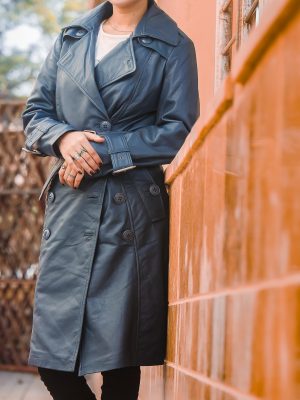 Double Breasted Premium Leather Trench Coat for Women - Classic Lapel Car Coat Style Long Leather Jacket Women with Belt