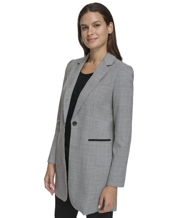 Women's Long Plaid Fitted Single Button Blazer