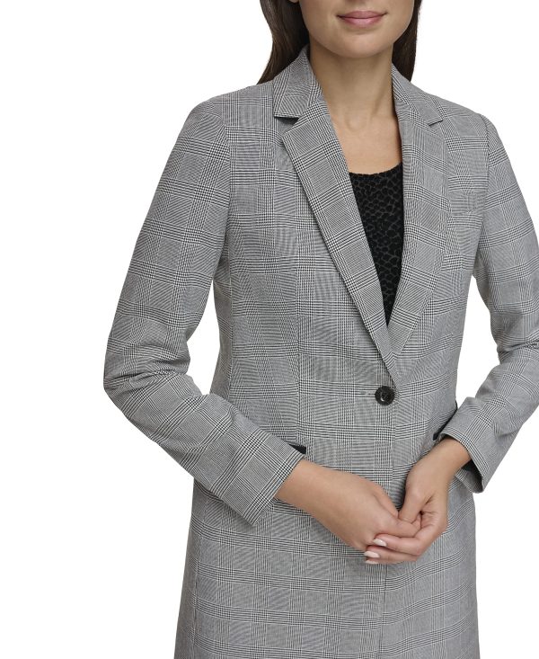 Women's Long Plaid Fitted Single Button Blazer