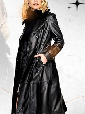 Women's Genuine Leather Coat with Faux Fur Collar, Winter Style Sleeve Furry Trim Peplum Long Coat with Belt